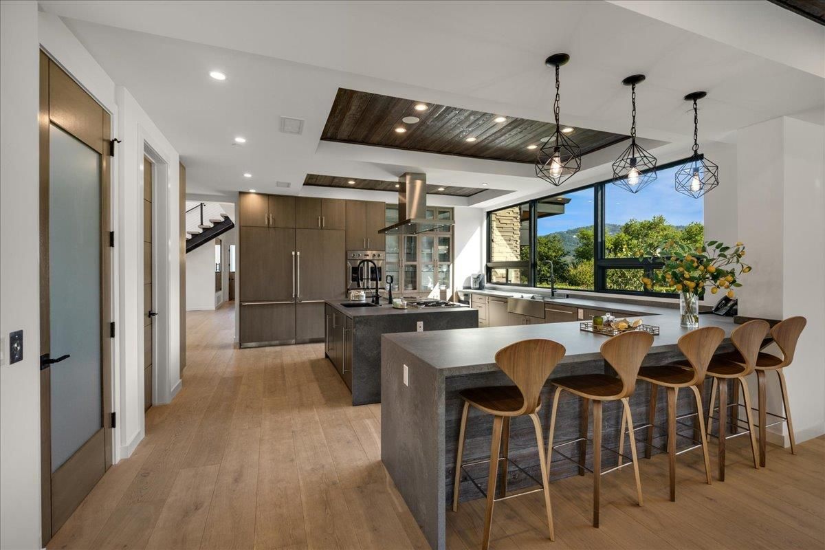 Interior, Kitchen, Pendant Lights, Recessed Lighting, Stainless Steel Appliances, Wooden Ceilings, Wood Texture Flooring