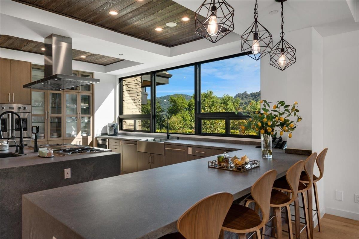 Interior, Kitchen, Pendant Lights, Recessed Lighting, Stainless Steel Appliances, Wooden Ceilings, Wood Texture Flooring