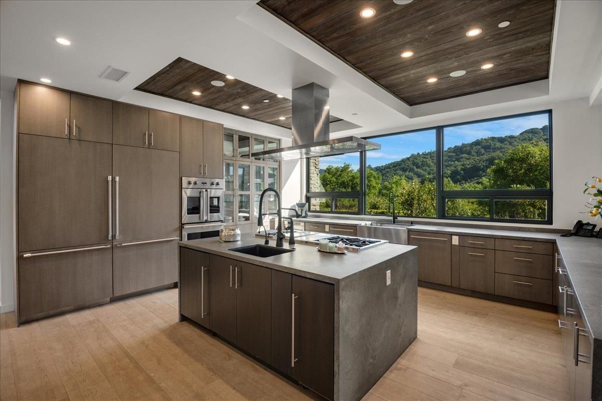 Interior, Kitchen, Recessed Lighting, Stainless Steel Appliances, Wooden Ceilings, Wood Texture Flooring