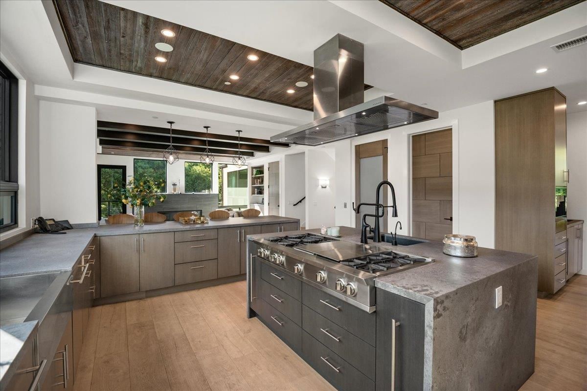 Interior, Kitchen, Pendant Lights, Recessed Lighting, Stainless Steel Appliances, Wooden Ceilings, Wood Texture Flooring