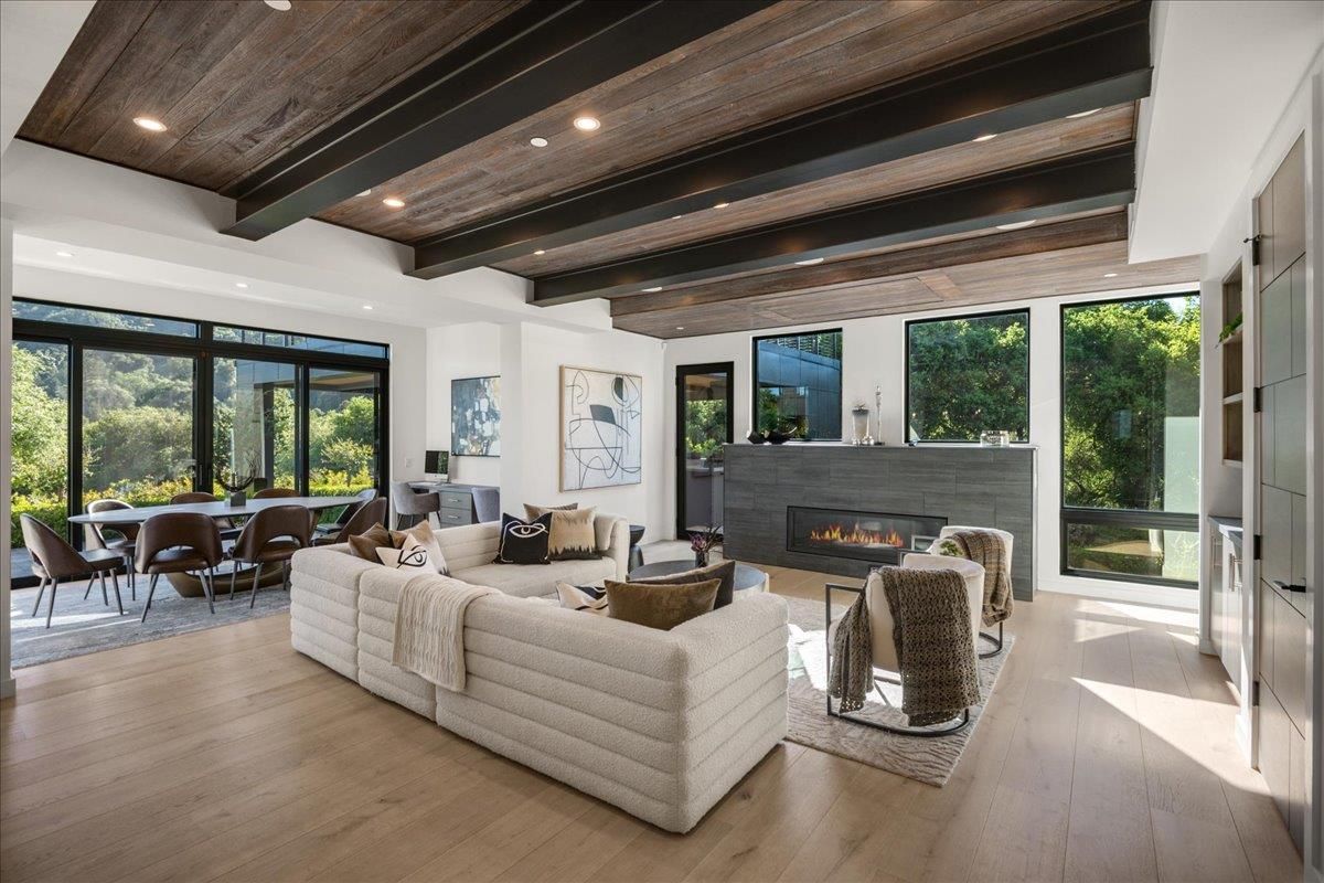 Dining room, Fireplace, Interior, Living room, Recessed Lighting, Wooden Beams, Wooden Ceilings, Wood Texture Flooring