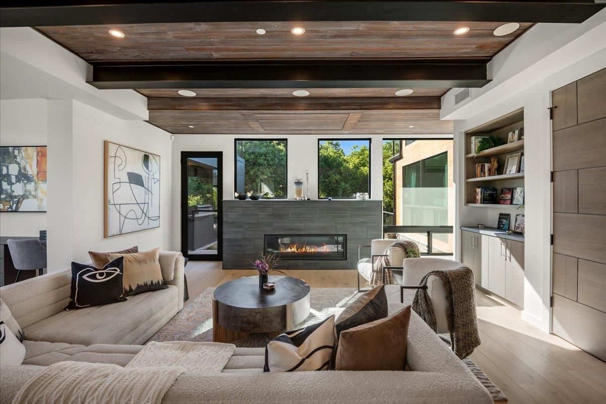 Fireplace, Interior, Living room, Recessed Lighting, Wooden Beams, Wooden Ceilings, Wood Texture Flooring