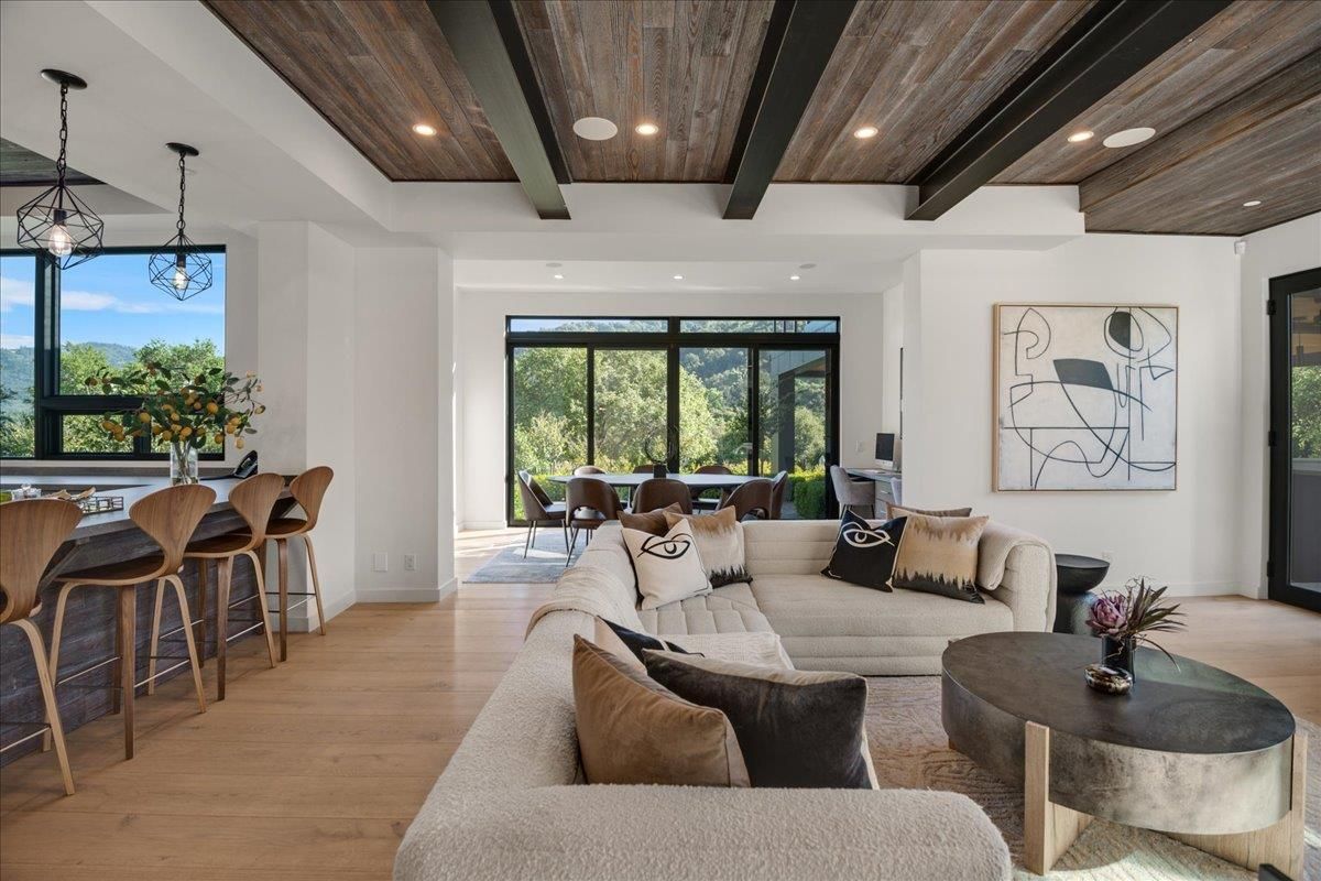 Dining room, Interior, Living room, Pendant Lights, Recessed Lighting, Wooden Beams, Wooden Ceilings, Wood Texture Flooring