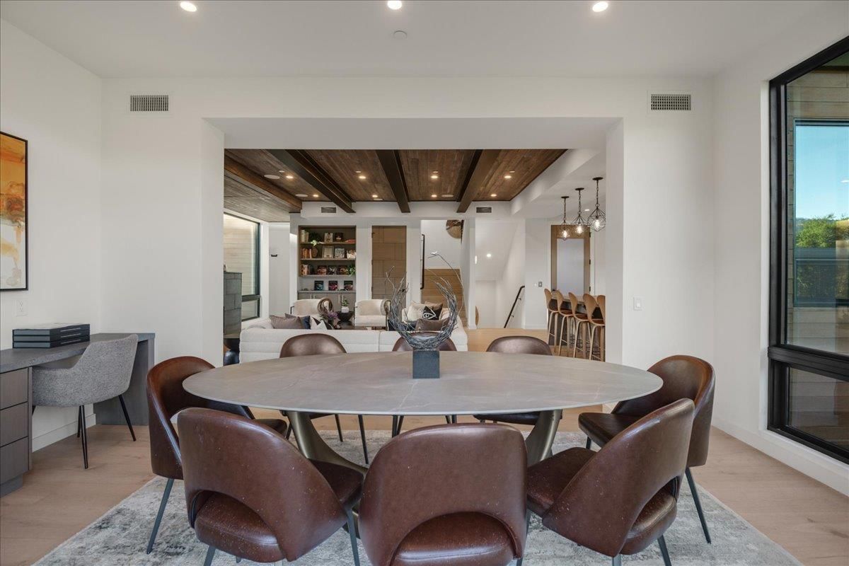 Dining room, Interior, Pendant Lights, Recessed Lighting, Wooden Ceilings, Wood Texture Flooring