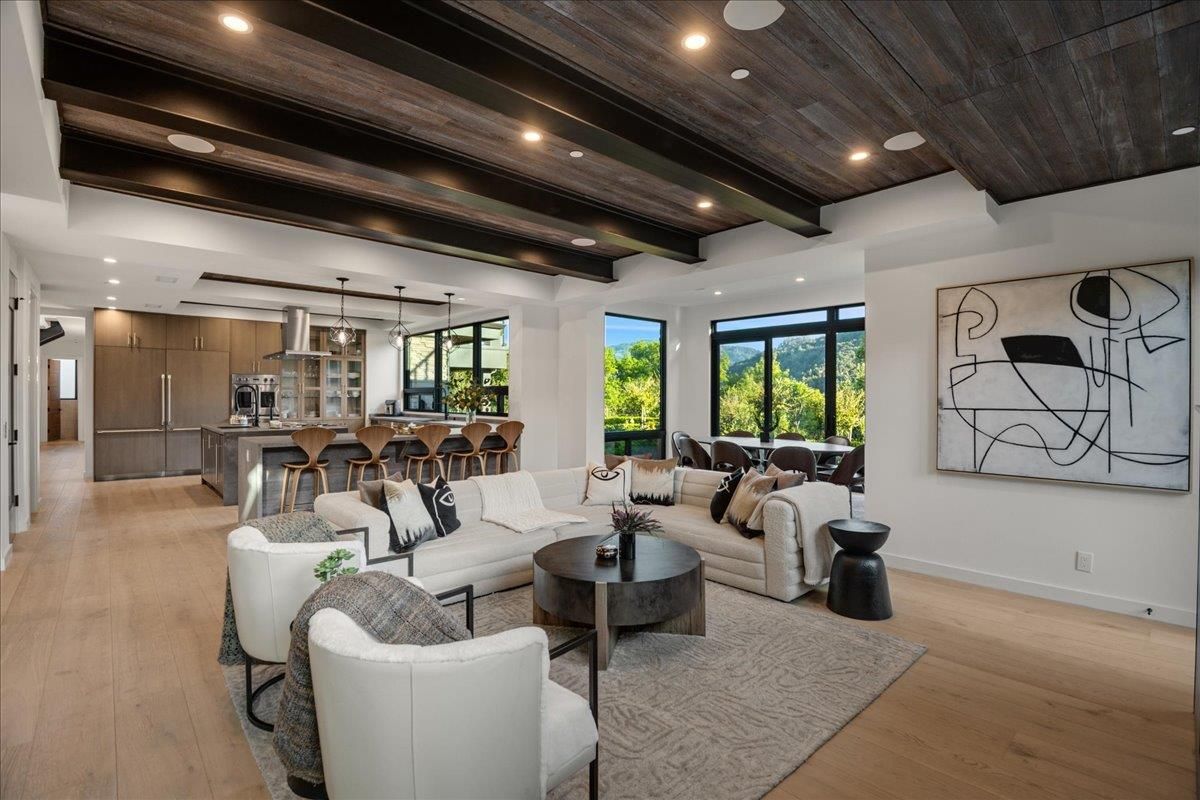 Interior, Kitchen, Living room, Pendant Lights, Recessed Lighting, Wooden Beams, Wooden Ceilings, Wood Texture Flooring