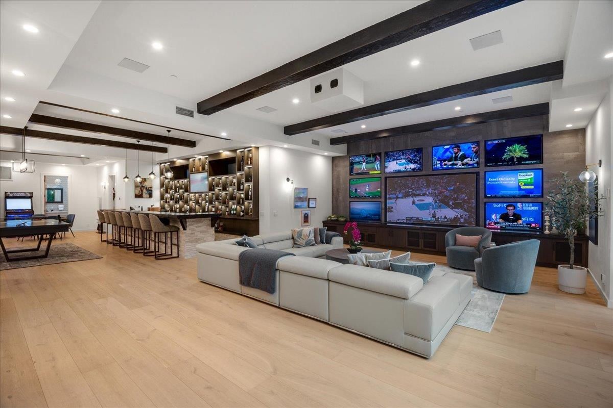 Billiard Table, Game Room, Interior, Living room, Pendant Lights, Recessed Lighting, Wooden Beams, Wood Texture Flooring