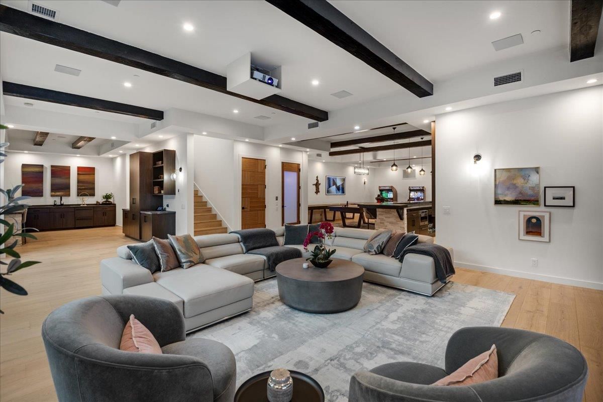 Interior, Living room, Pendant Lights, Recessed Lighting, Wooden Beams, Wood Texture Flooring