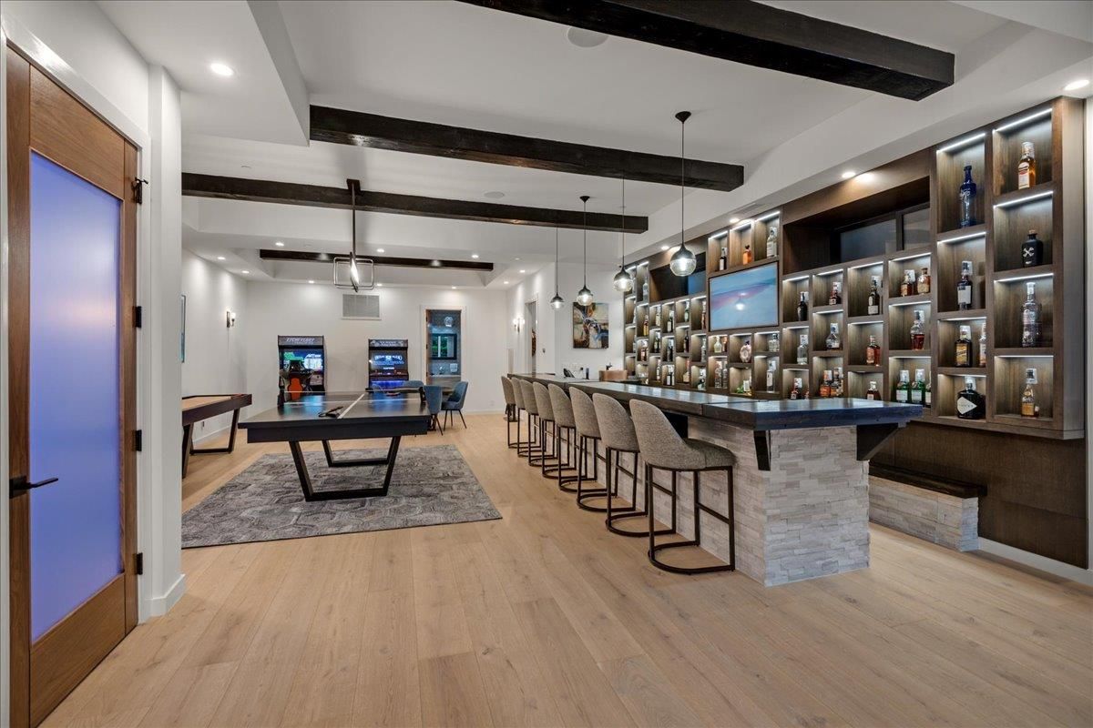 Billiard Table, Game Room, Interior, Pendant Lights, Recessed Lighting, Wooden Beams, Wood Texture Flooring