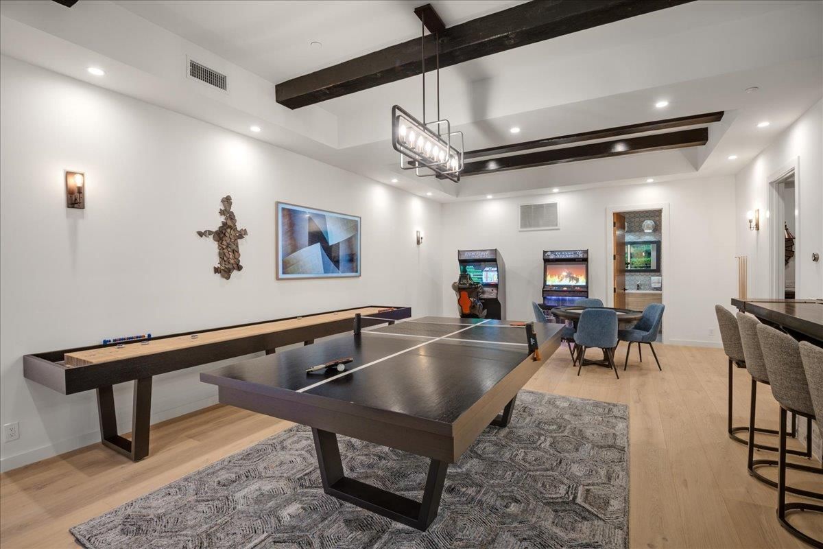 Billiard Table, Dining room, Game Room, Interior, Pendant Lights, Recessed Lighting, Wooden Beams, Wood Texture Flooring