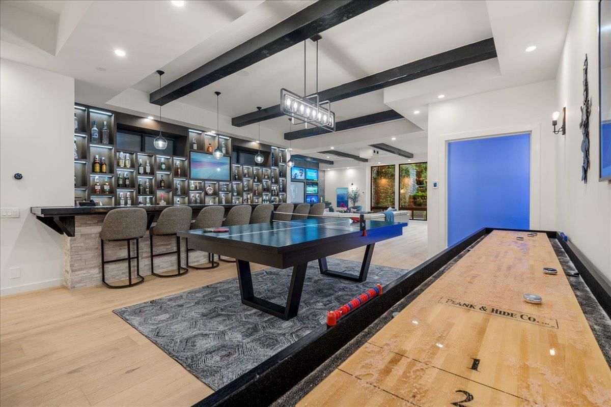 Billiard Table, Game Room, Interior, Pendant Lights, Recessed Lighting, Wood Texture Flooring