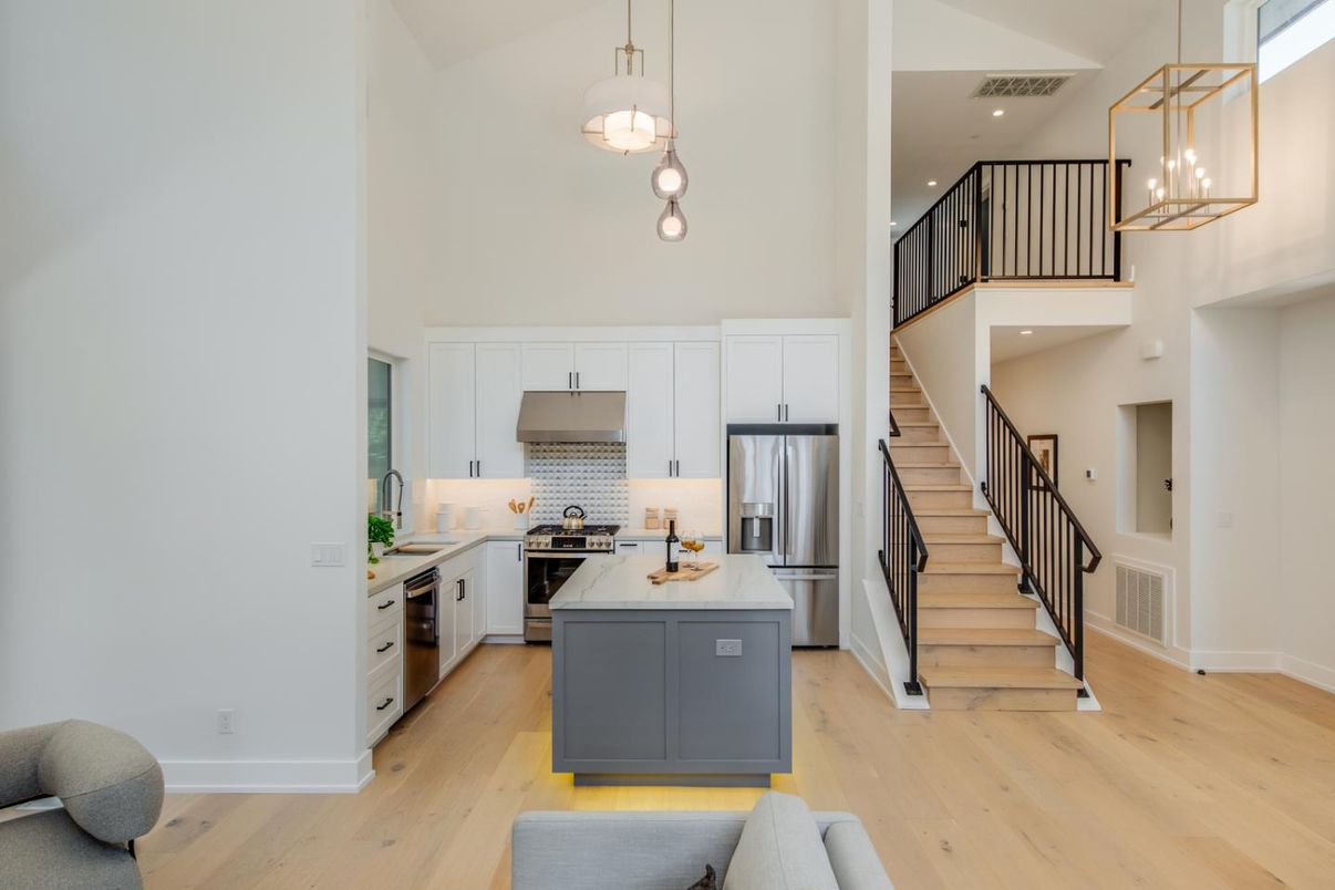 Interior, Kitchen, Pendant Lights, Recessed Lighting, Stainless Steel Appliances, Wood Texture Flooring