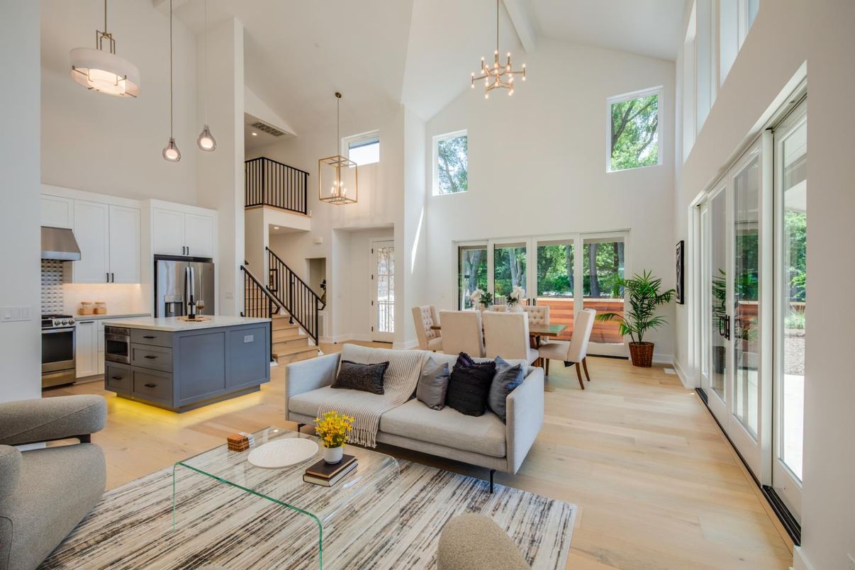 Dining room, Interior, Kitchen, Living room, Pendant Lights, Stainless Steel Appliances, Wood Texture Flooring