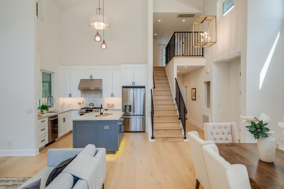 Interior, Kitchen, Pendant Lights, Recessed Lighting, Stainless Steel Appliances, Wood Texture Flooring