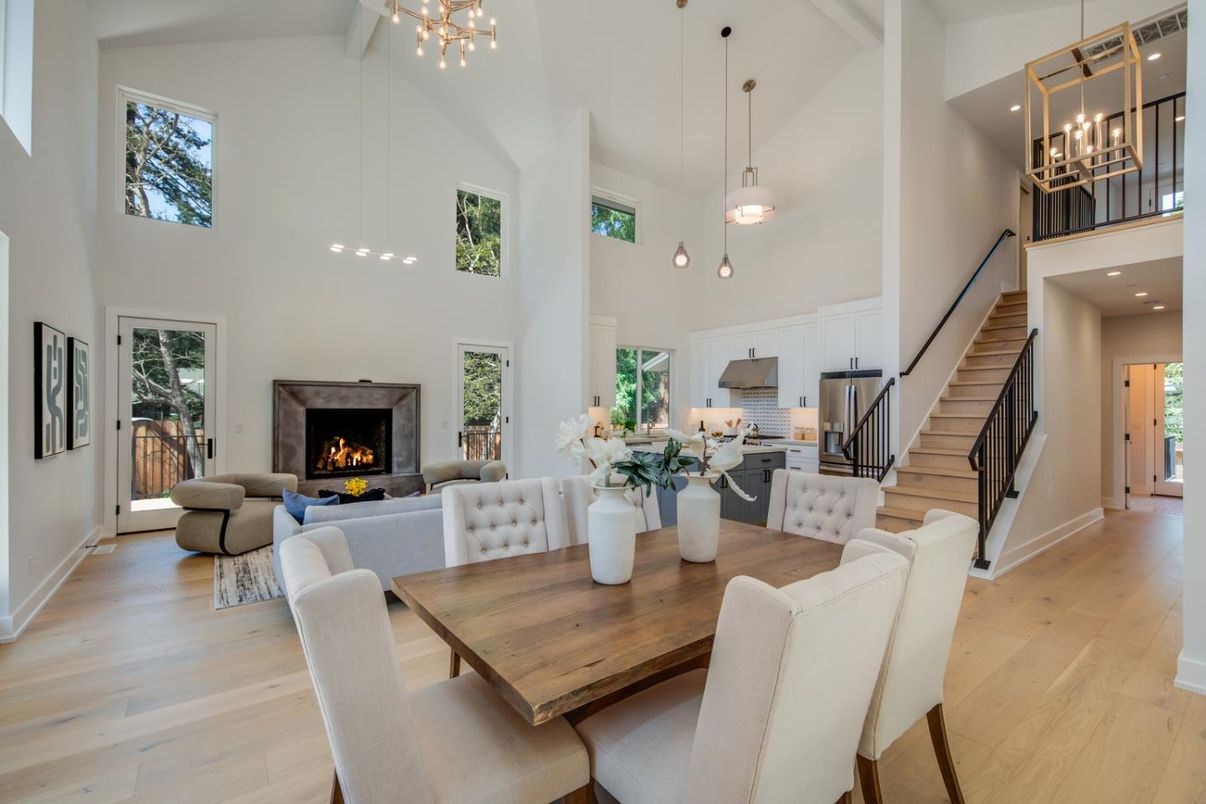 Dining room, Fireplace, Interior, Living room, Pendant Lights, Recessed Lighting, Wood Texture Flooring