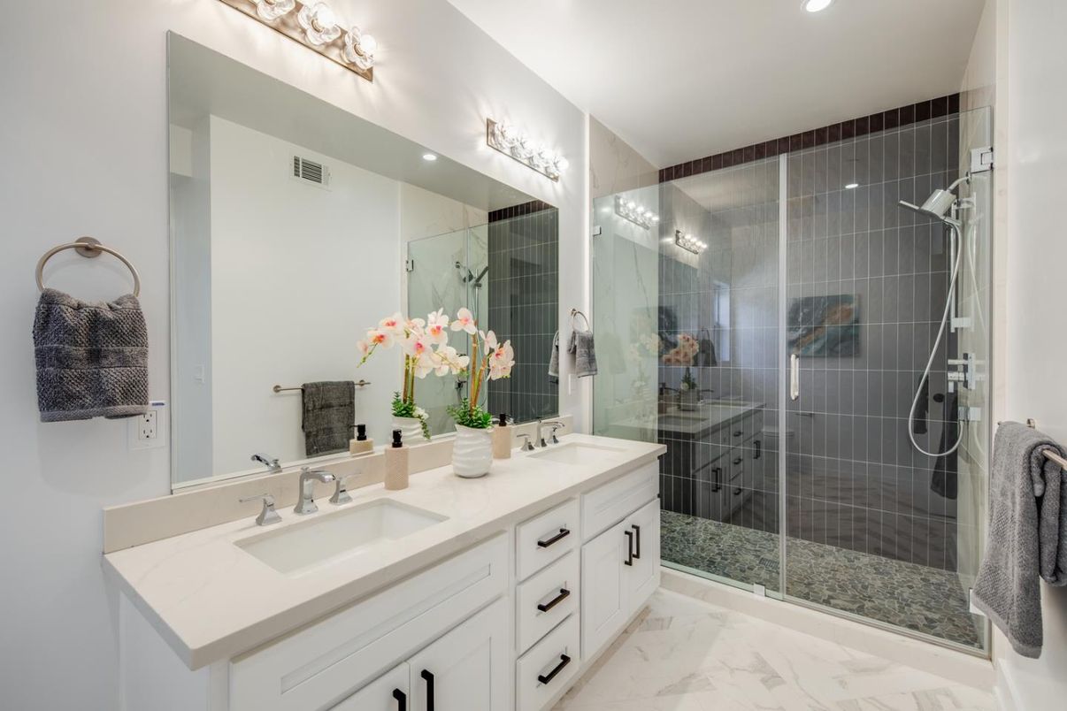 Bathroom, Dual Sink Vanities, Glass Shower, Interior, Marble, Recessed Lighting