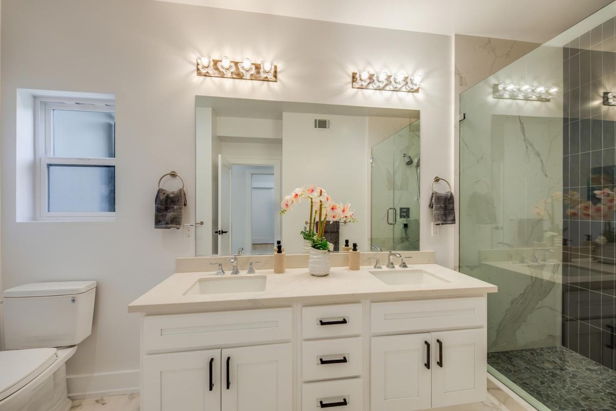 Bathroom, Dual Sink Vanities, Glass Shower, Interior, Marble Walls
