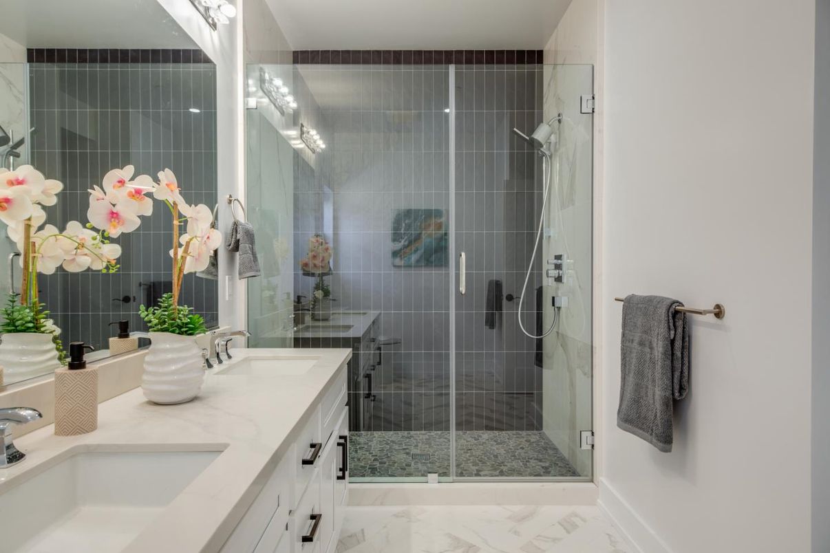 Bathroom, Dual Sink Vanities, Glass Shower, Interior, Marble