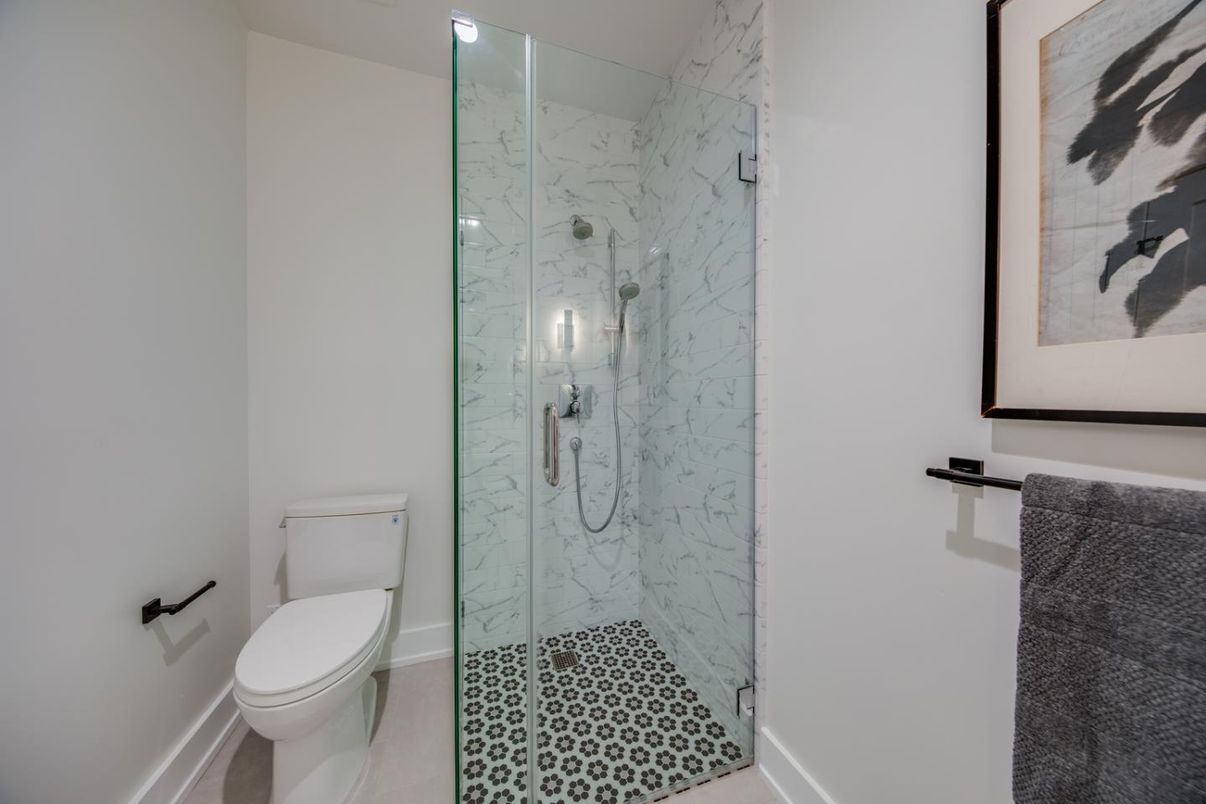 Bathroom, Glass Shower, Interior, Marble Walls, Recessed Lighting