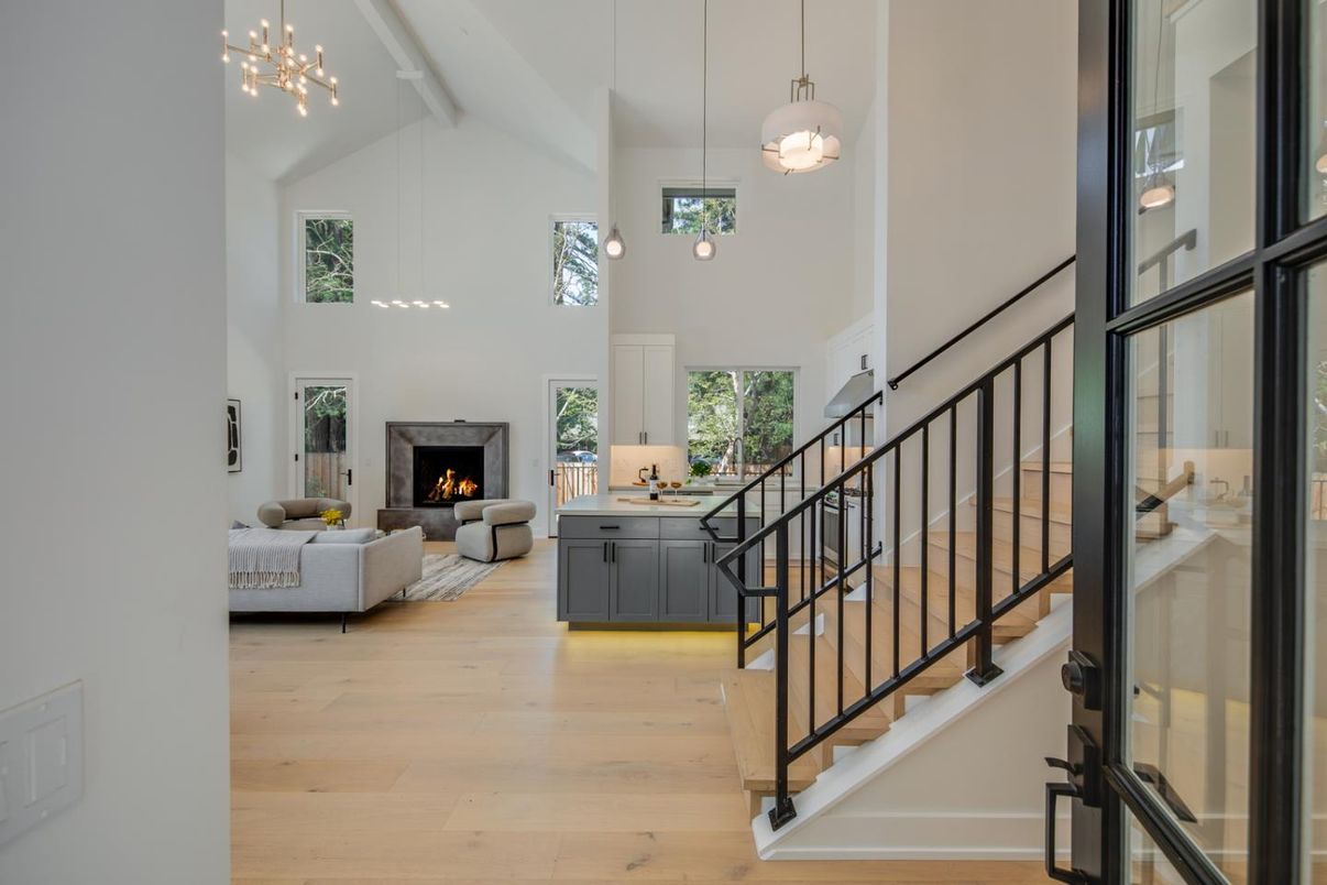 Fireplace, Interior, Living room, Pendant Lights, Wood Texture Flooring