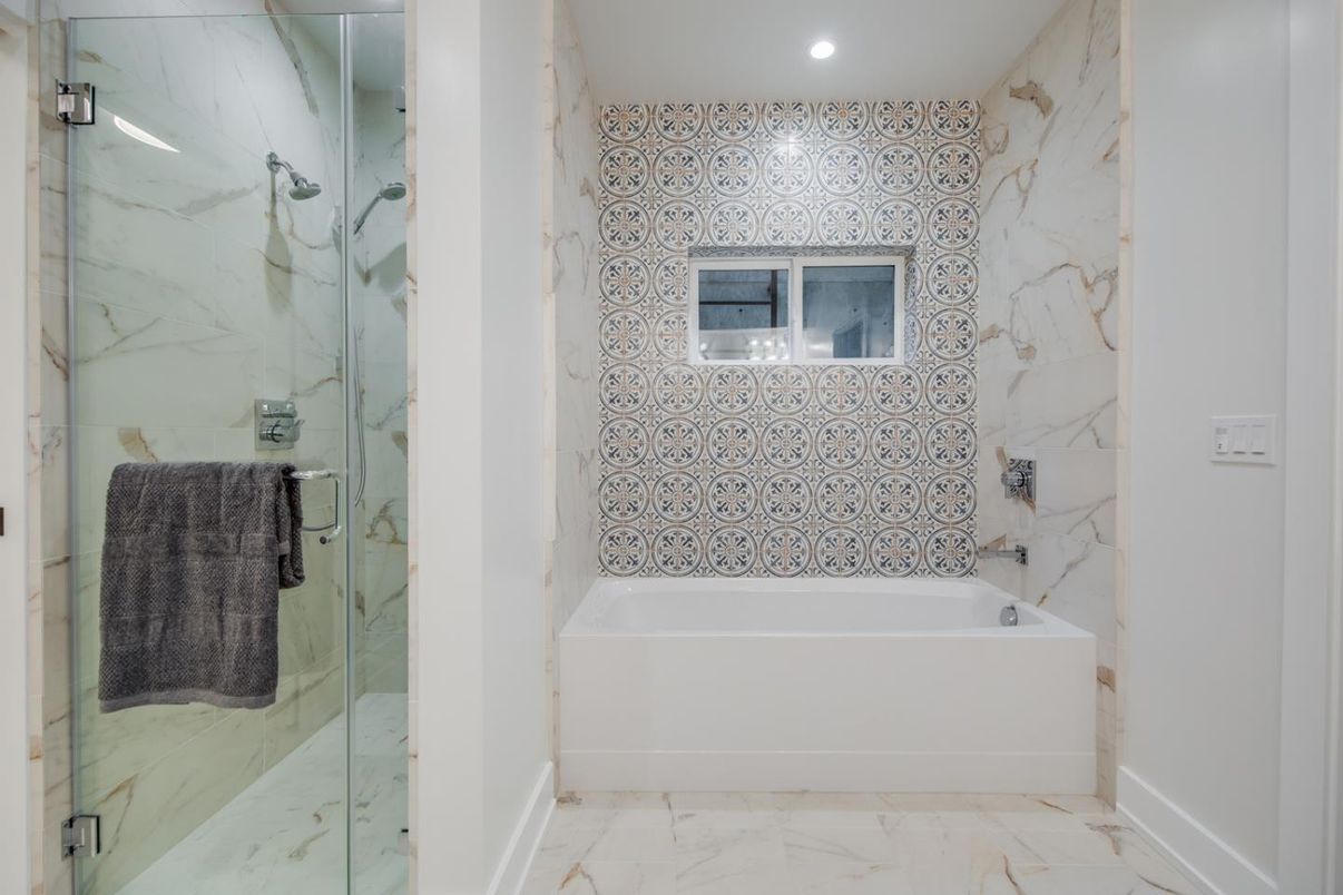 Bathroom, Glass Shower, Interior, Marble, Marble Walls, Recessed Lighting