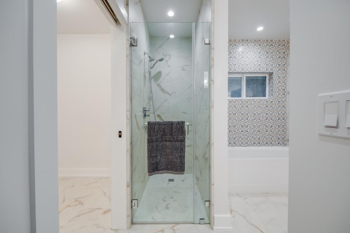 Bathroom, Glass Shower, Interior, Marble, Marble Walls, Recessed Lighting