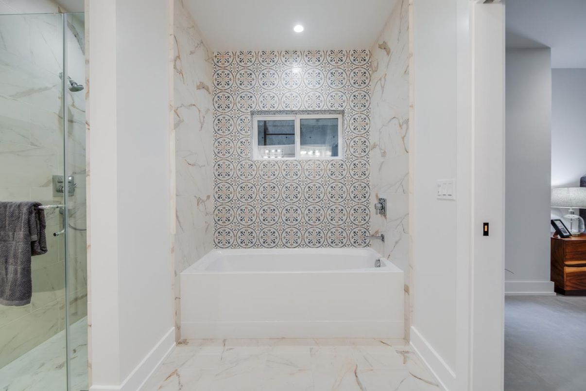 Bathroom, Glass Shower, Interior, Marble, Marble Walls, Recessed Lighting