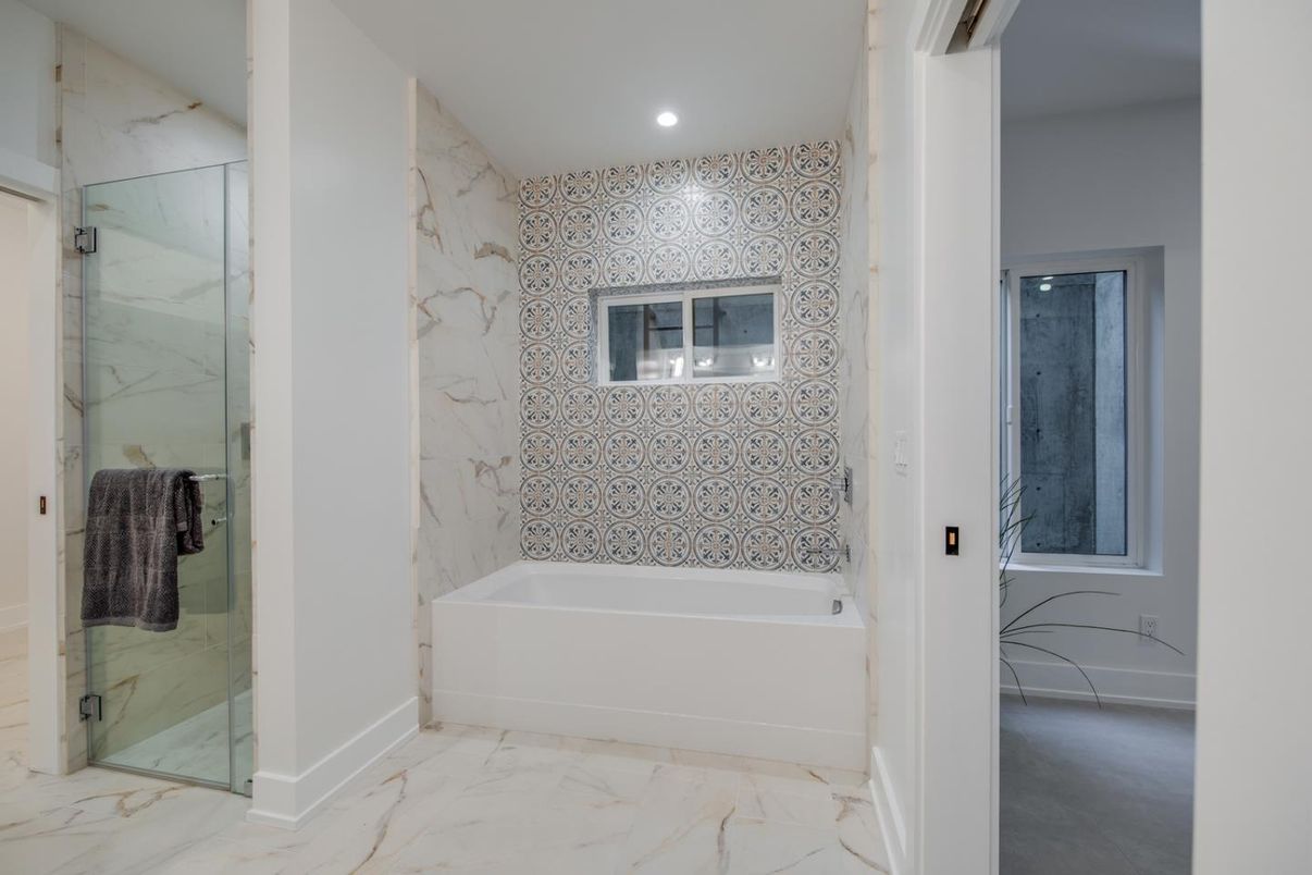 Bathroom, Glass Shower, Interior, Marble, Marble Walls, Recessed Lighting