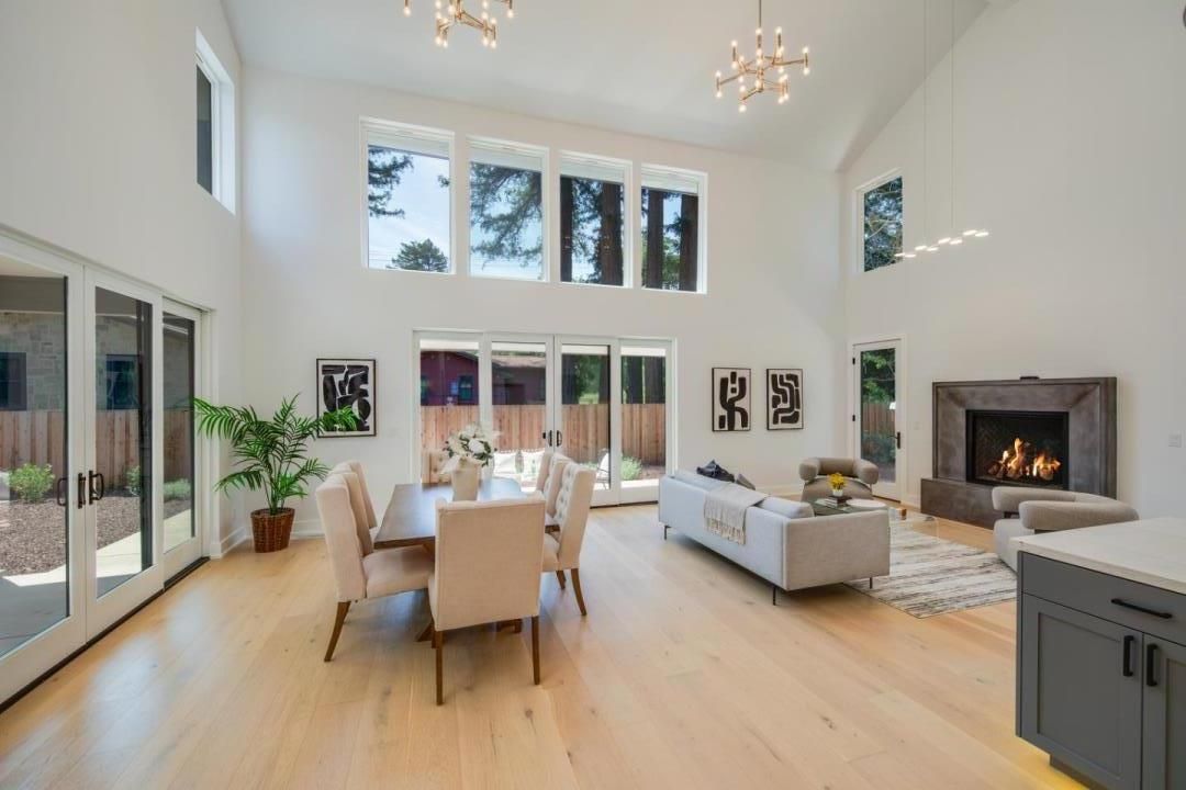 Dining room, Fireplace, Interior, Living room, Pendant Lights, Wood Texture Flooring