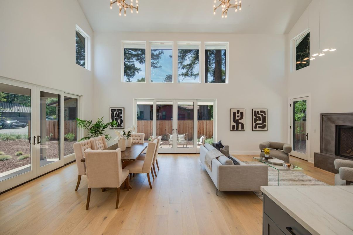 Dining room, Fireplace, Interior, Living room, Wood Texture Flooring