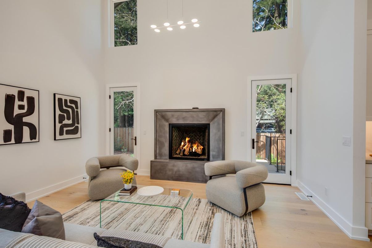 Fireplace, Interior, Living room, Pendant Lights, Wood Texture Flooring