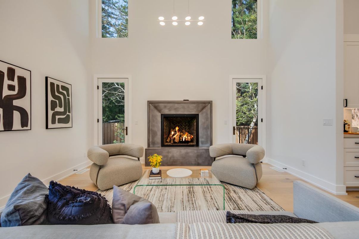 Fireplace, Interior, Living room, Pendant Lights, Wood Texture Flooring