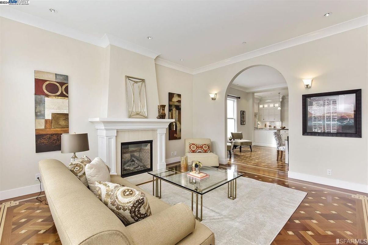 Fireplace, Interior, Living room, Recessed Lighting, Wood Texture Flooring