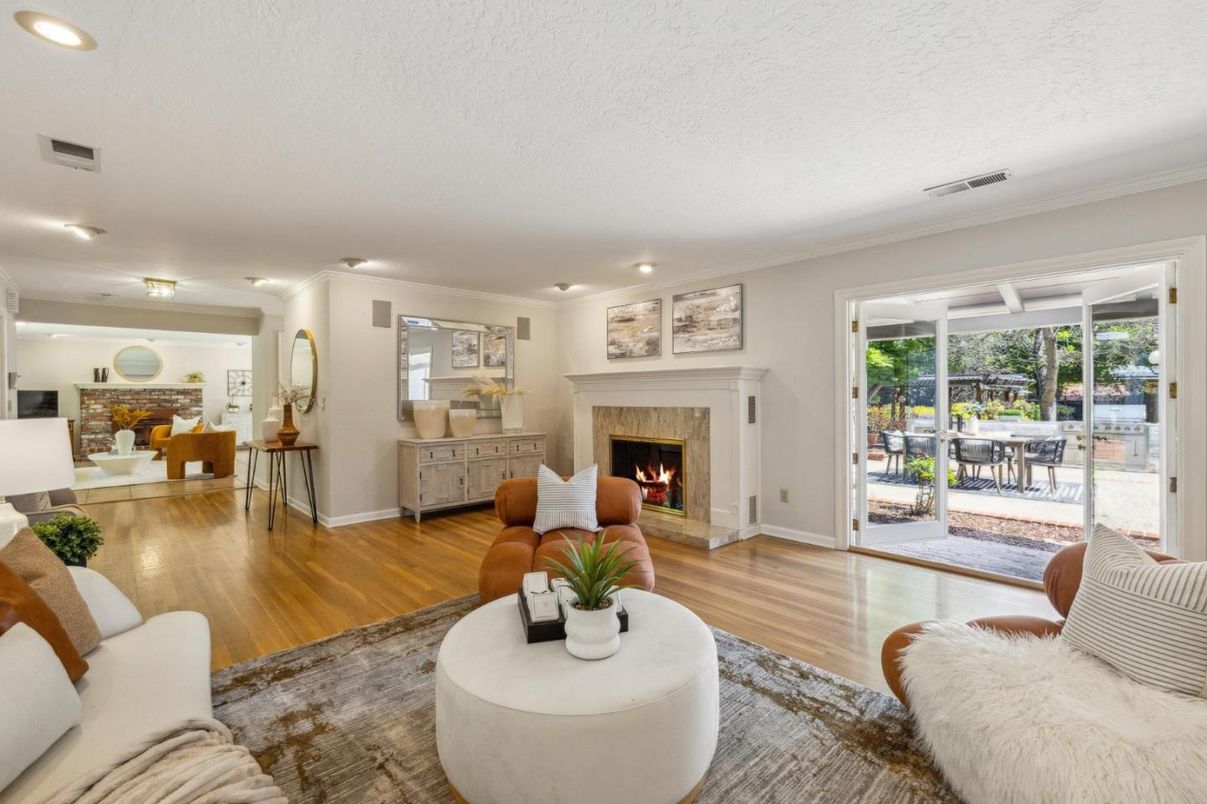 Dining room, Fireplace, Interior, Living room, Recessed Lighting, Wood Texture Flooring