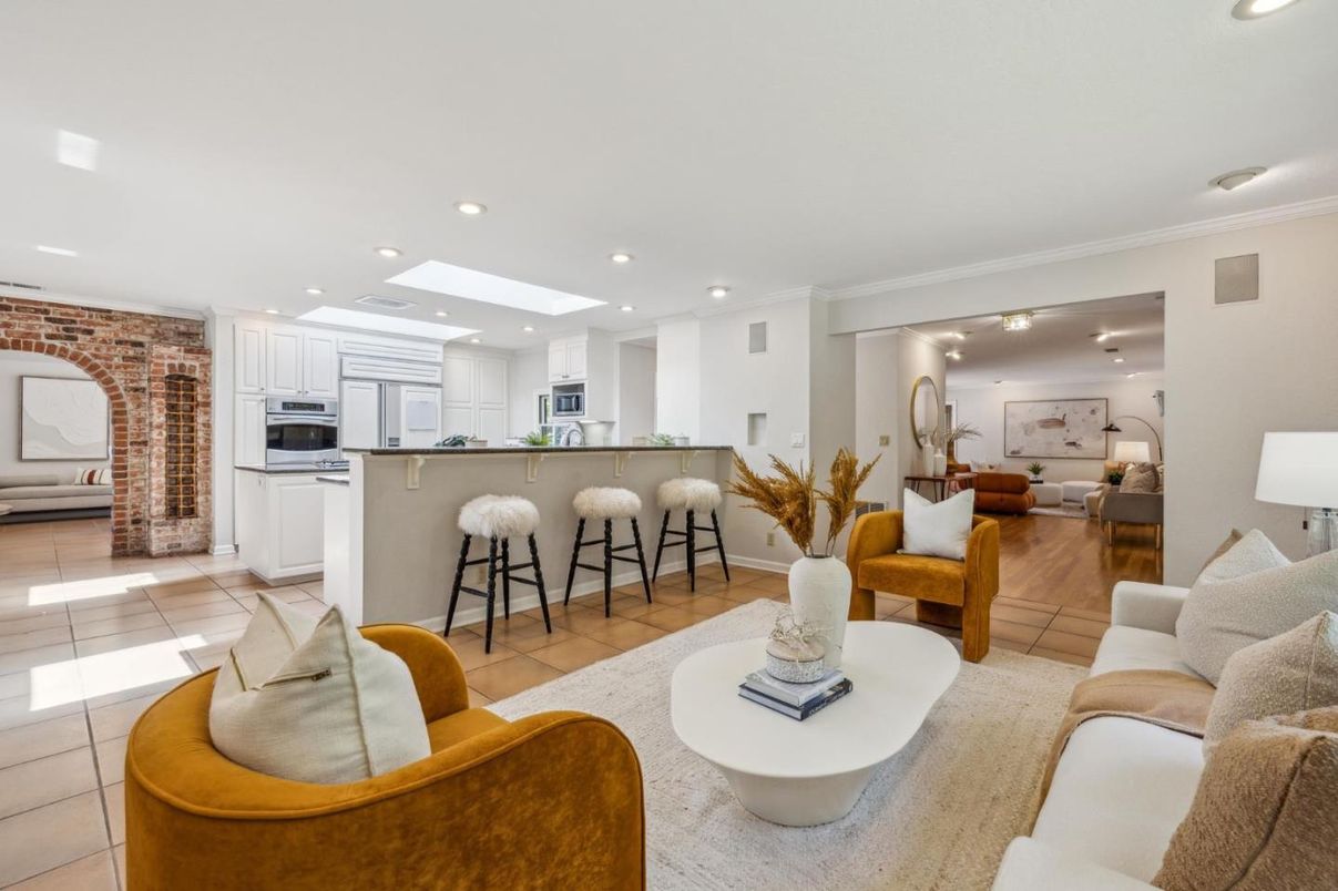 Interior, Kitchen, Living room, Recessed Lighting, Stainless Steel Appliances, Stone Walls, Wood Texture Flooring