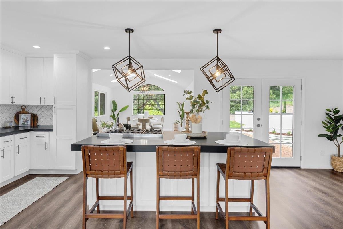 Dining room, Interior, Pendant Lights, Recessed Lighting, Wood Texture Flooring