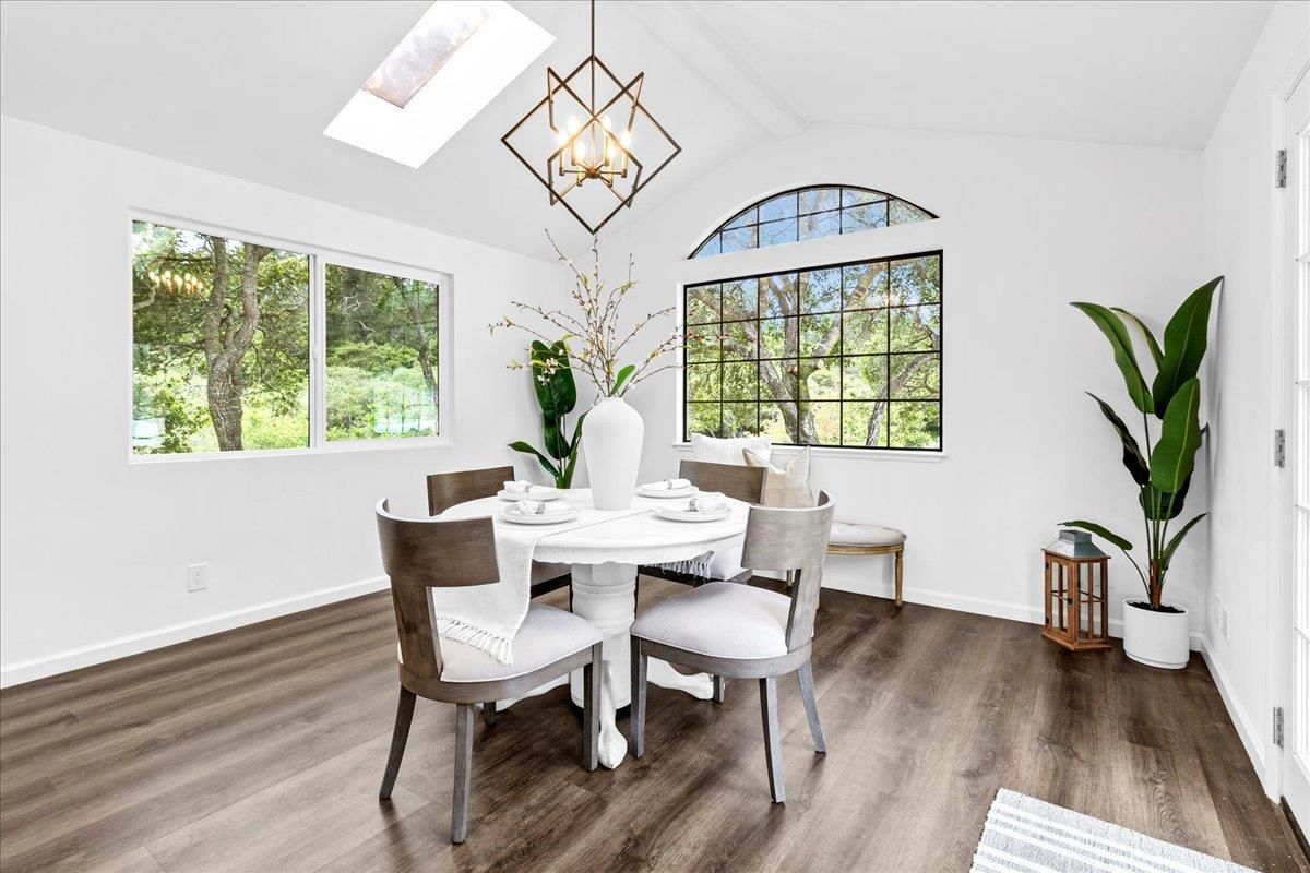 Dining room, Interior, Pendant Lights, Wood Texture Flooring