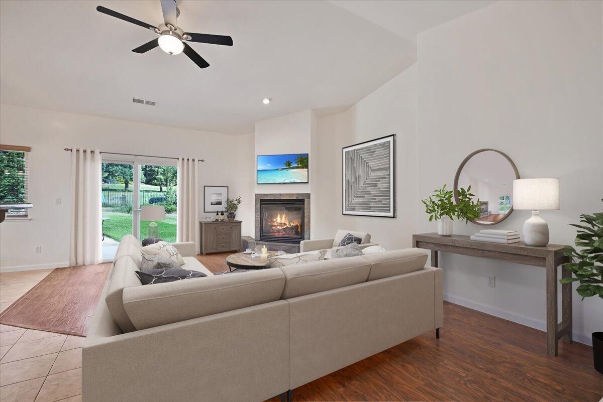 Fireplace, Interior, Living room, Recessed Lighting, Wood Texture Flooring