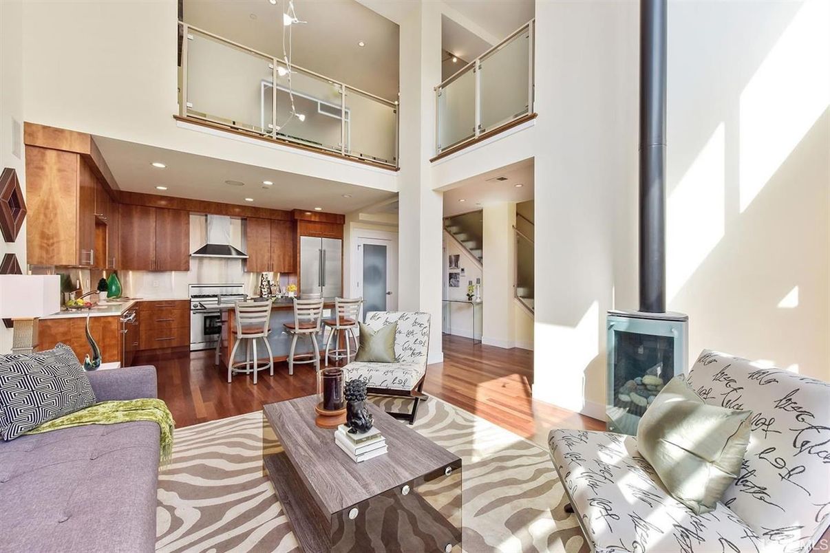 Fireplace, Interior, Kitchen, Living room, Recessed Lighting, Stainless Steel Appliances, Wood Texture Flooring