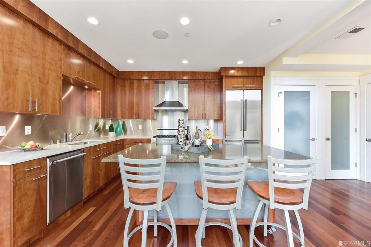 Interior, Kitchen, Recessed Lighting, Stainless Steel Appliances, Wood Texture Flooring