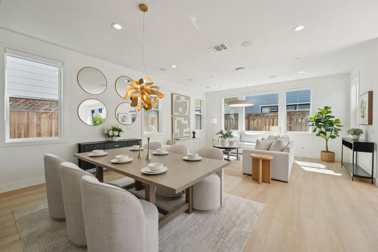 Dining room, Interior, Living room, Pendant Lights, Recessed Lighting, Wood Texture Flooring