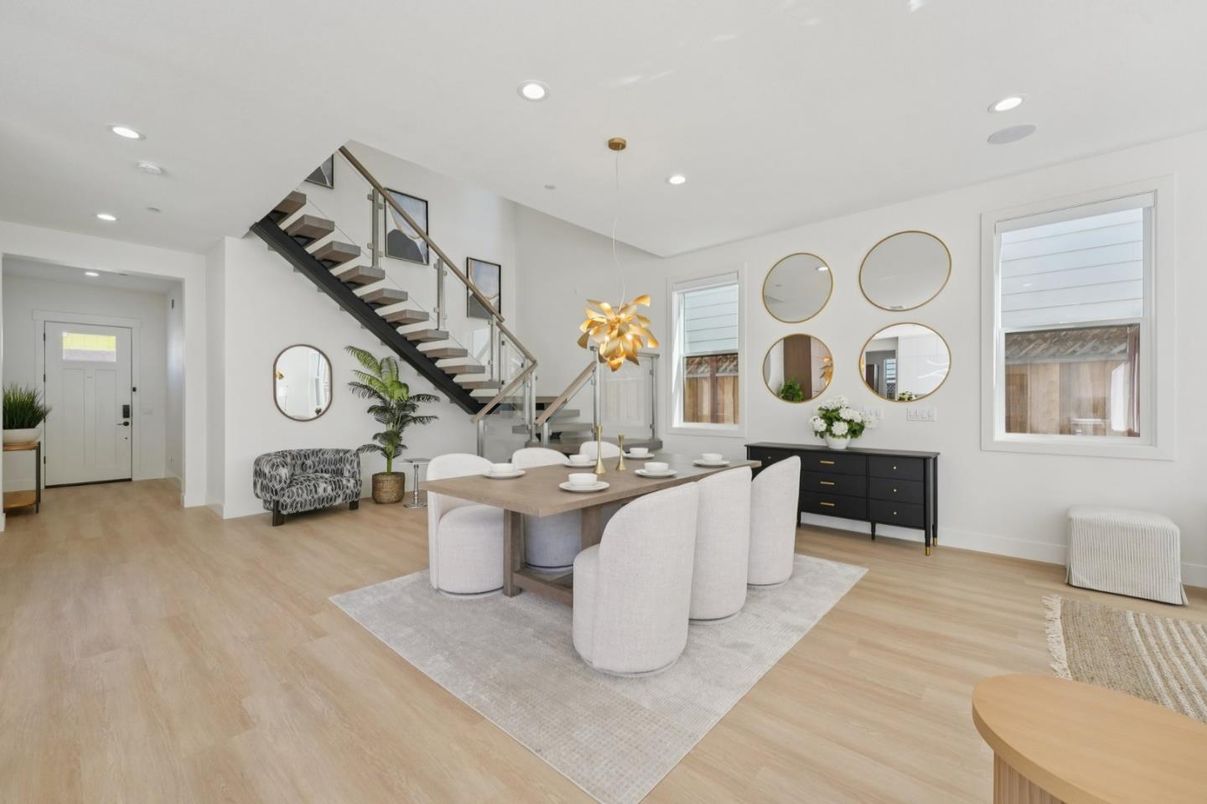 Dining room, Interior, Pendant Lights, Recessed Lighting, Wood Texture Flooring