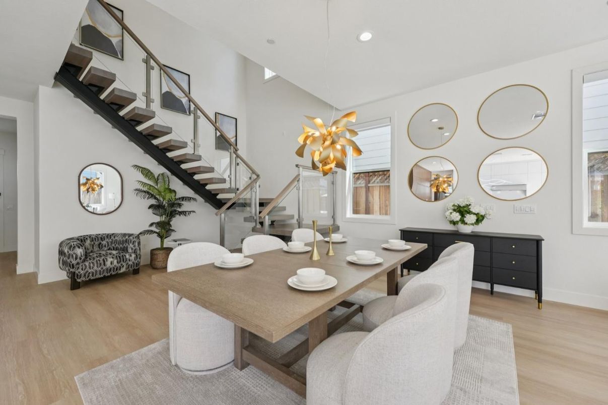 Dining room, Interior, Pendant Lights, Recessed Lighting, Wood Texture Flooring