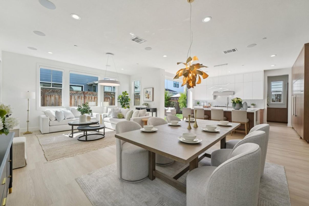 Dining room, Interior, Kitchen, Living room, Pendant Lights, Recessed Lighting, Wood Texture Flooring