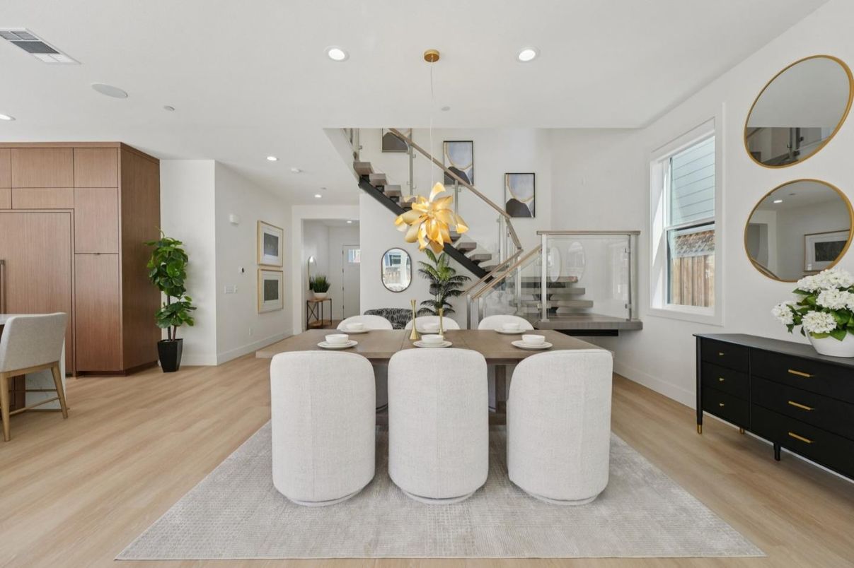 Dining room, Interior, Pendant Lights, Recessed Lighting, Wood Texture Flooring