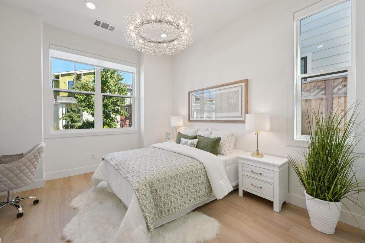 Bedroom, Chandelier, Interior, Recessed Lighting, Wood Texture Flooring