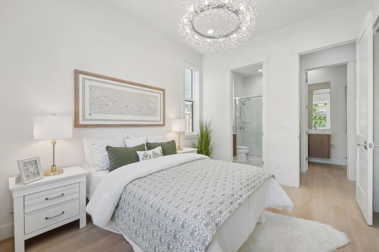 Bathroom, Bedroom, Chandelier, Glass Shower, Interior, Wood Texture Flooring