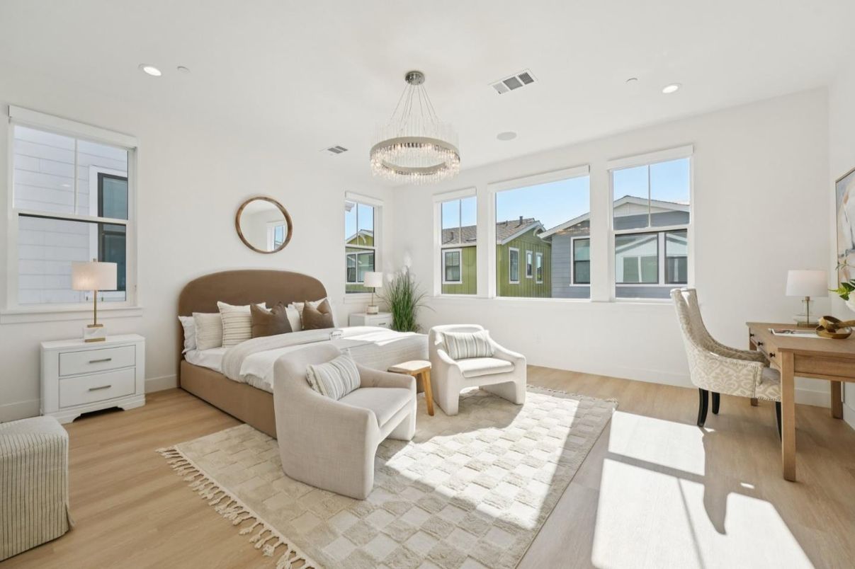 Bedroom, Chandelier, Home Office, Interior, Recessed Lighting, Wood Texture Flooring