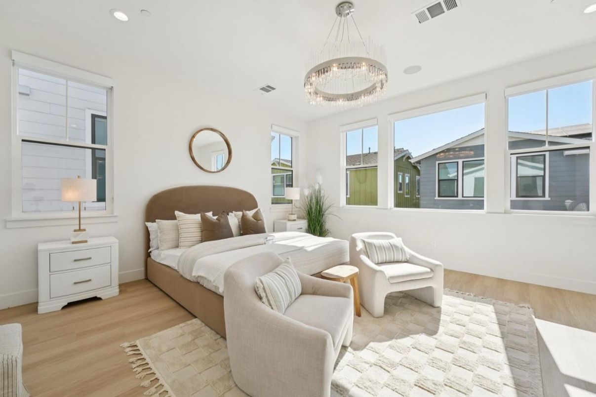 Bedroom, Chandelier, Interior, Recessed Lighting, Wood Texture Flooring