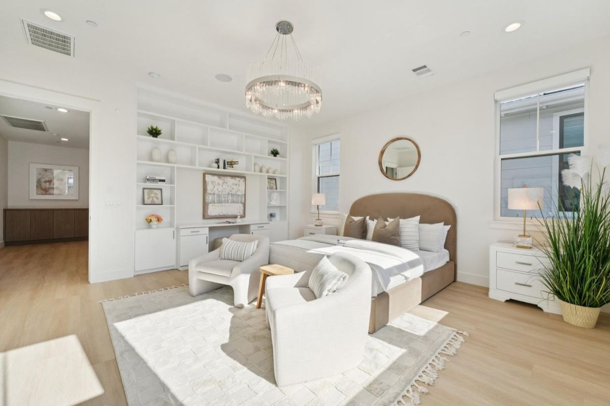 Bedroom, Chandelier, Interior, Pendant Lights, Recessed Lighting, Wood Texture Flooring