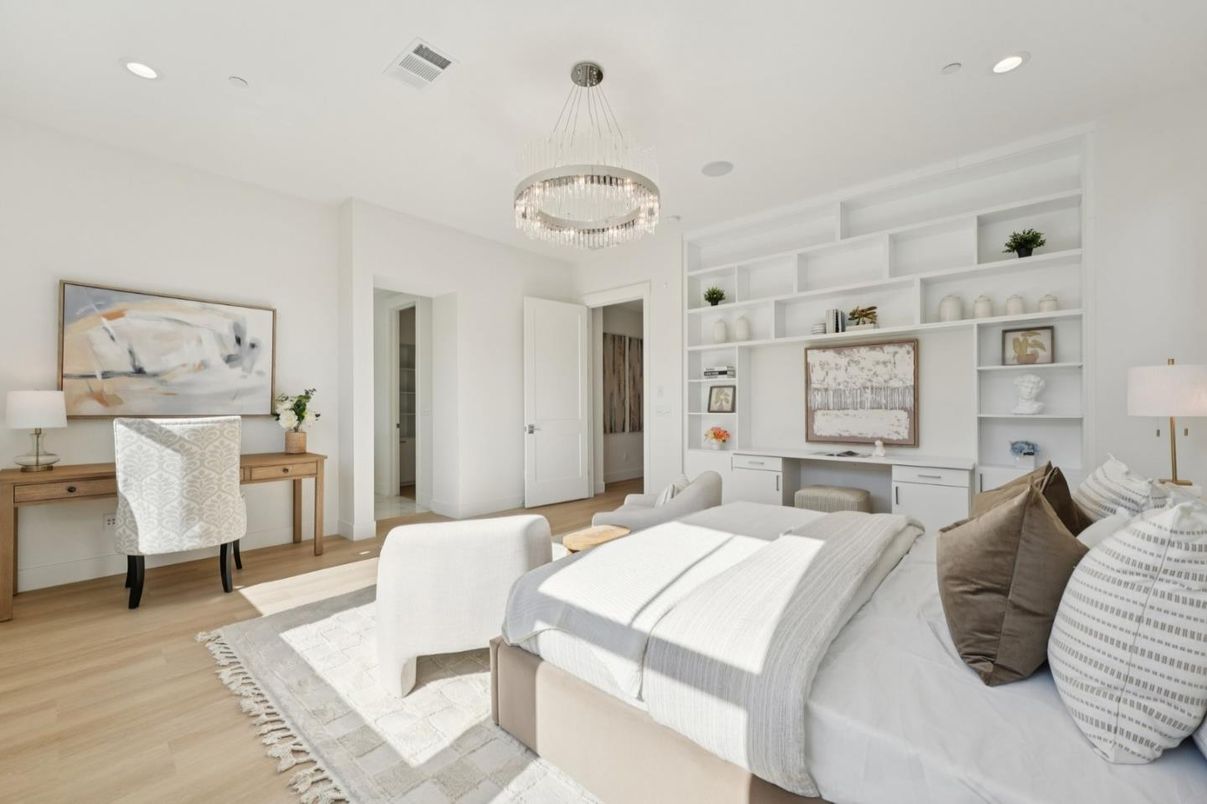 Bedroom, Chandelier, Home Office, Interior, Pendant Lights, Recessed Lighting, Wood Texture Flooring